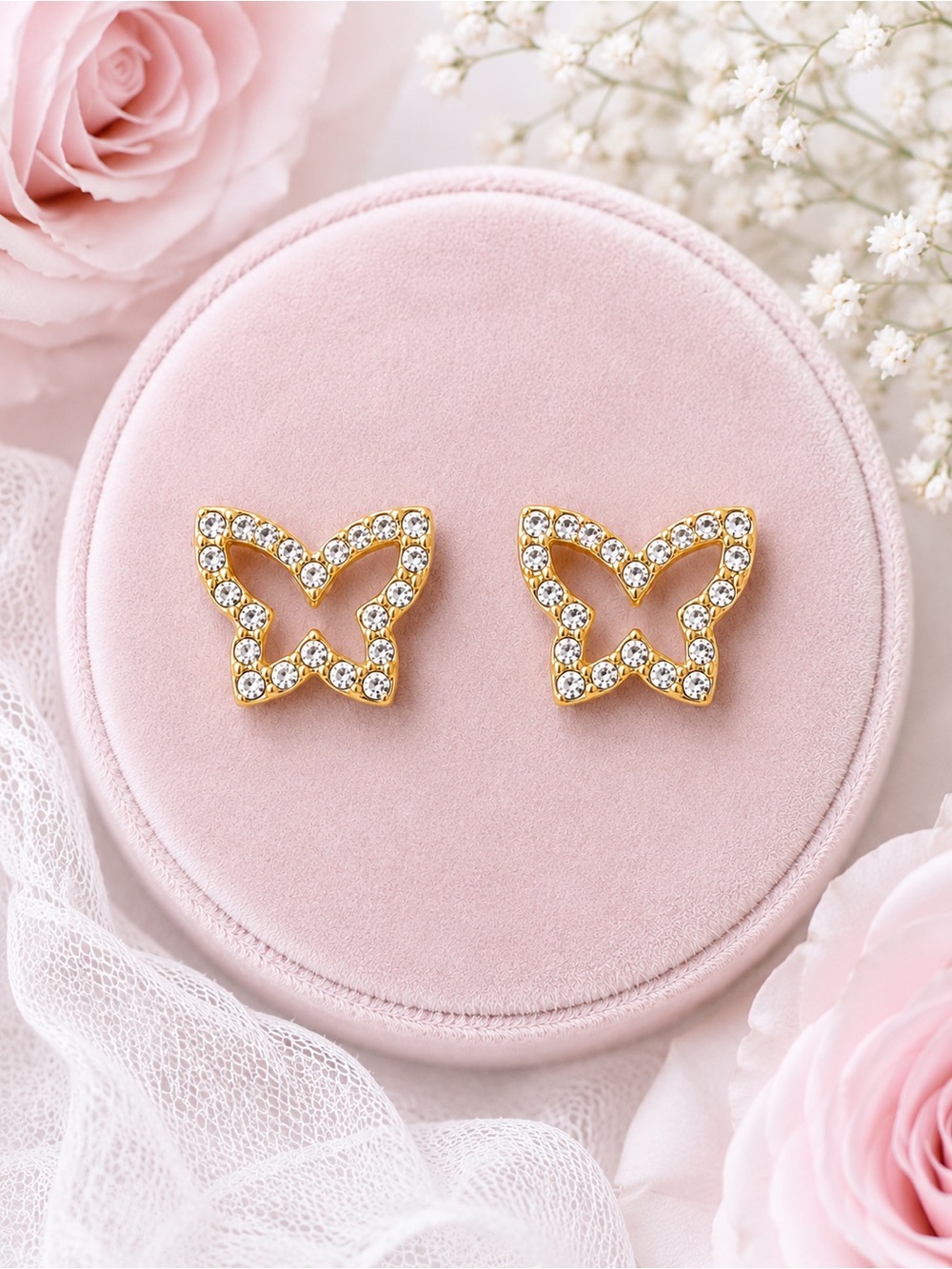 Gold Tone Butterfly Stud Earrings Crystal Rhinestone NWT